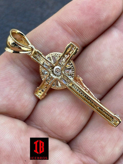 Vermeil 925 Silver Cross Jesus Pendant Yellow Gold Finish Iced Crucifix Necklace (CZ)