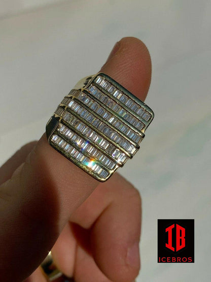 Men REAL Solid 925 Sterling Silver Iced Diamond Baguette Ring 7-Row Pinky (CZ)