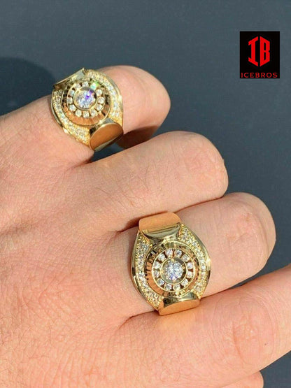 Men 14k Yellow Gold Over Solid 925 Silver Ring ICY Round Cluster Hip Hop Pinky (CZ)