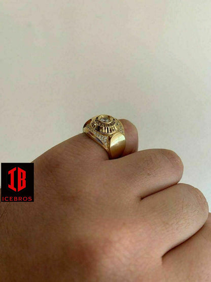 Men 14k Yellow Gold Over Solid 925 Silver Ring ICY Round Cluster Hip Hop Pinky (CZ)