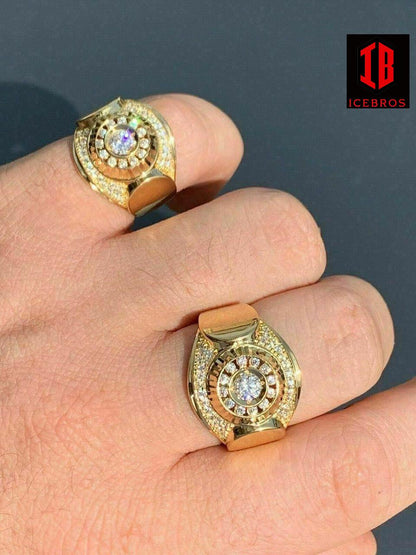 Men 14k Yellow Gold Over Solid 925 Silver Ring ICY Round Cluster Hip Hop Pinky (CZ)