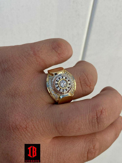 Men 14k Yellow Gold Over Solid 925 Silver Ring ICY Round Cluster Hip Hop Pinky (CZ)