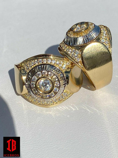 Men 14k Yellow Gold Over Solid 925 Silver Ring ICY Round Cluster Hip Hop Pinky (CZ)