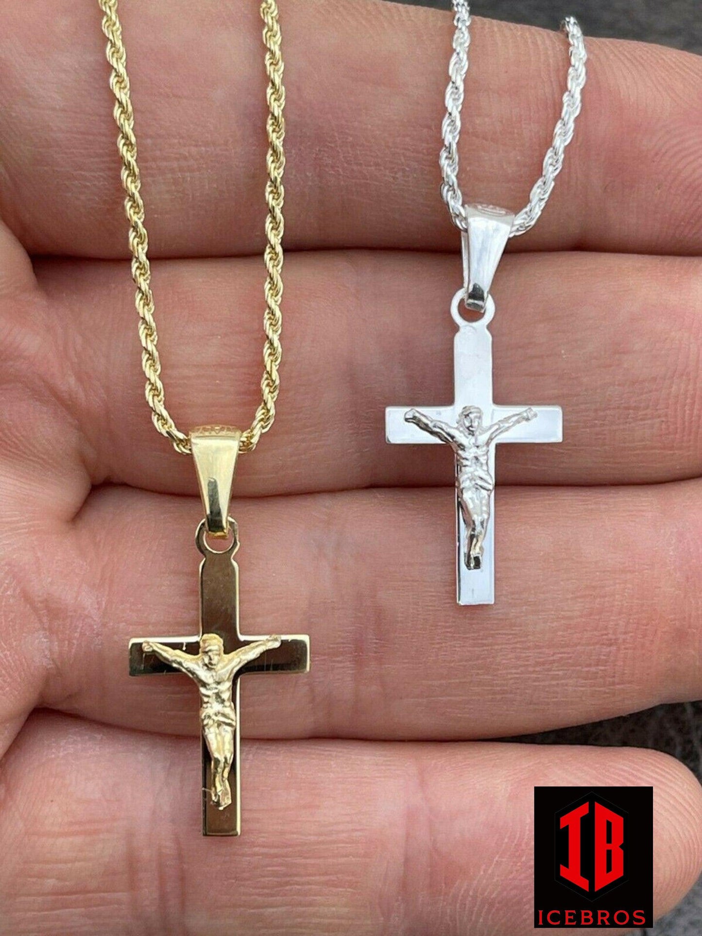 925 Sterling ITALY Silver Plain Gold Cross Jesus Crucifix Micro Pendant Necklace  1inch