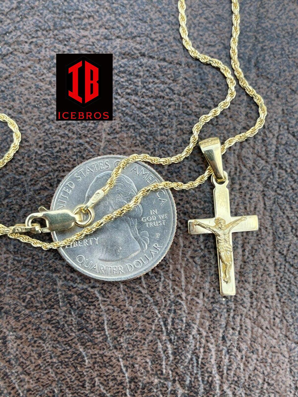 925 Sterling ITALY Silver Plain Gold Cross Jesus Crucifix Micro Pendant Necklace  1inch