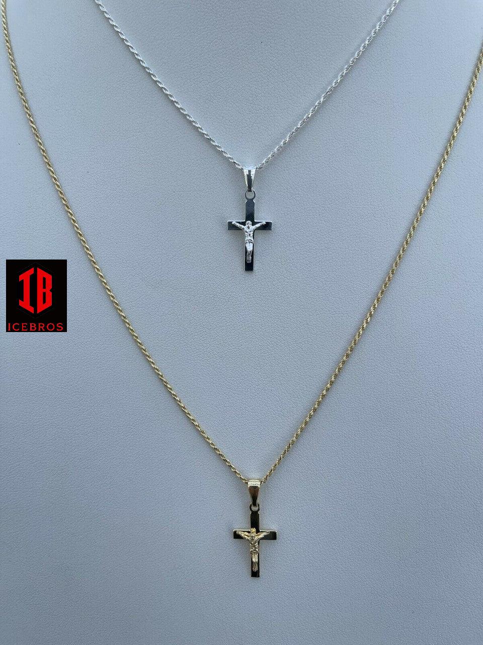 925 Sterling ITALY Silver Plain Gold Cross Jesus Crucifix Micro Pendant Necklace  1inch