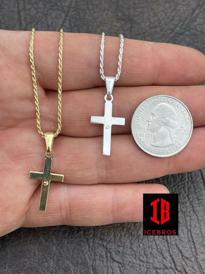 925 Sterling ITALY Silver Plain Gold Cross Jesus Crucifix Micro Pendant Necklace  1inch