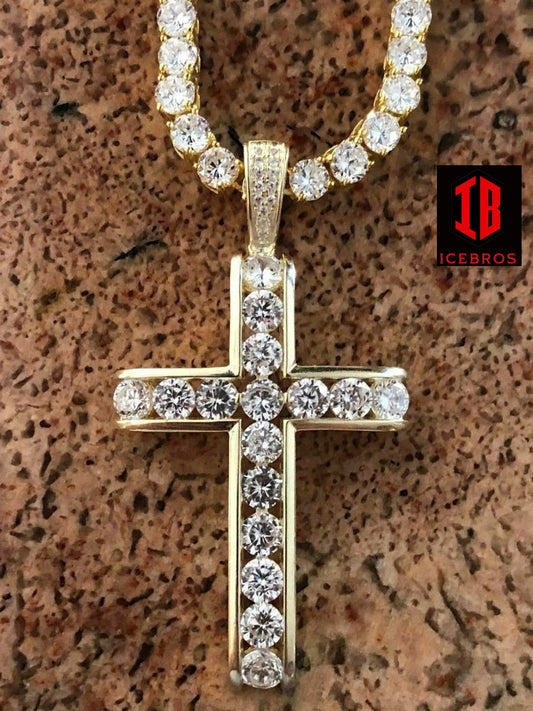 14k Gold Over Vermeil 925 Silver Channel Set Cross Diamond Men's (CZ)