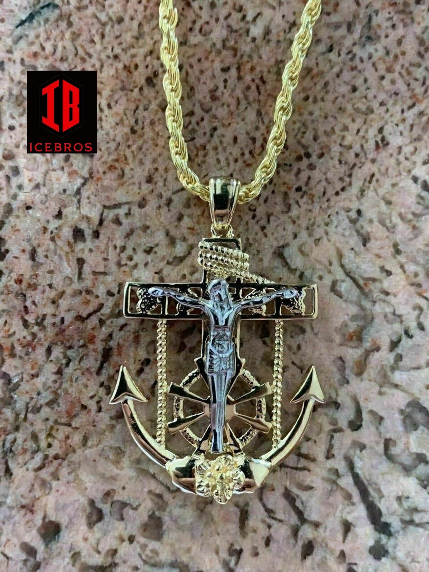 Men's 14k Gold Over Solid 925 Silver Jesus Crucifix & Anchor