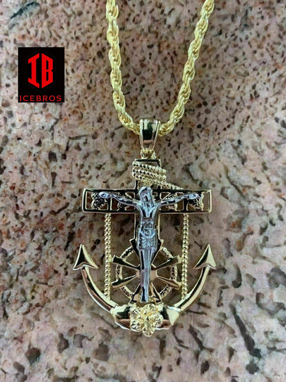 Men's 14k Gold Over Solid 925 Silver Jesus Crucifix & Anchor