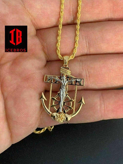 Men's 14k Gold Over Solid 925 Silver Jesus Crucifix & Anchor