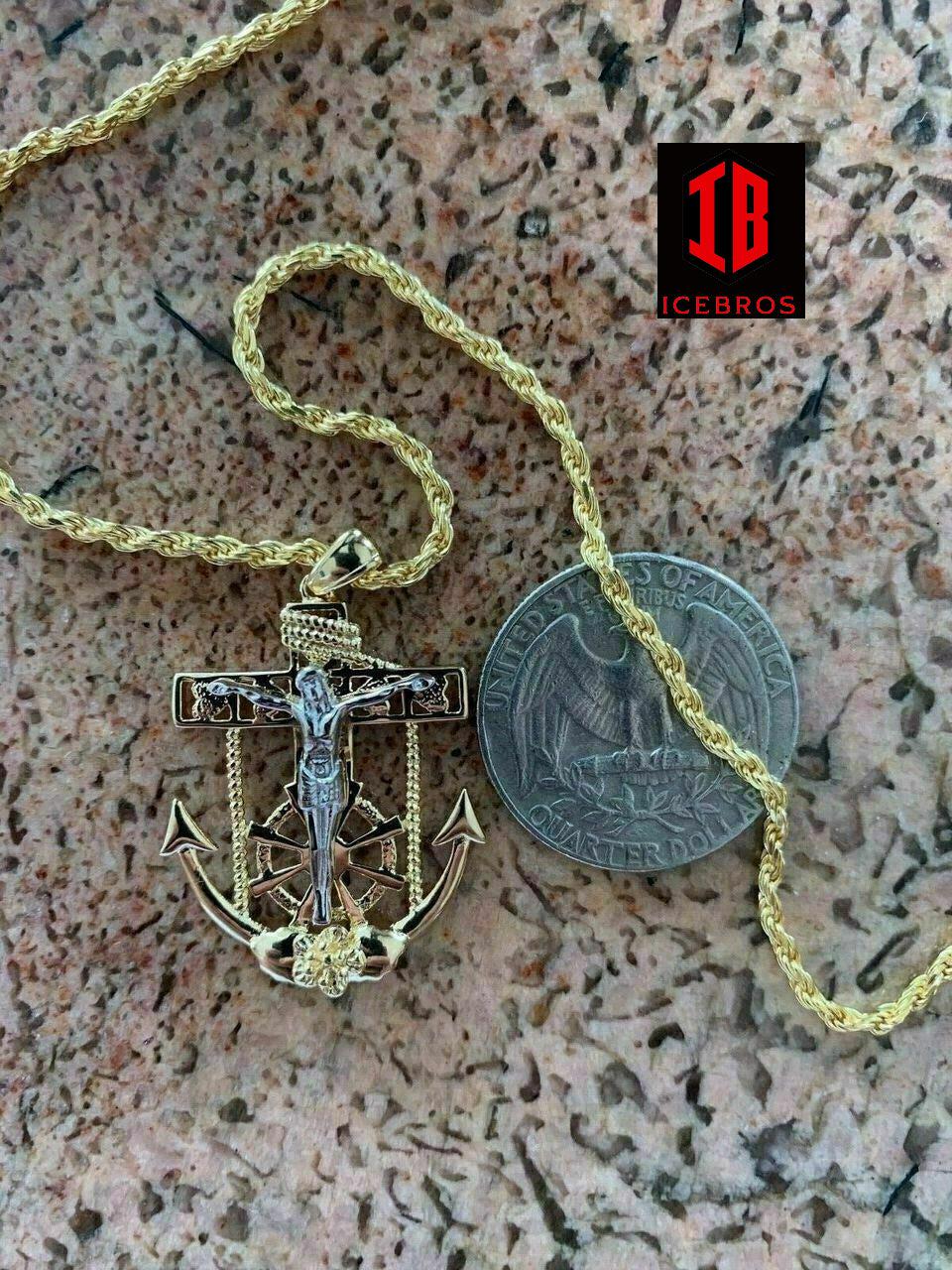 Men's 14k Gold Over Solid 925 Silver Jesus Crucifix & Anchor