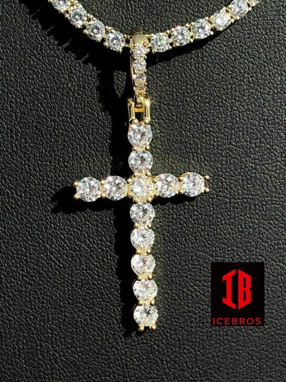 Single Row Tennis Chain W. Cross 14k Gold & 925 Sterling Silver 40ct (CZ)