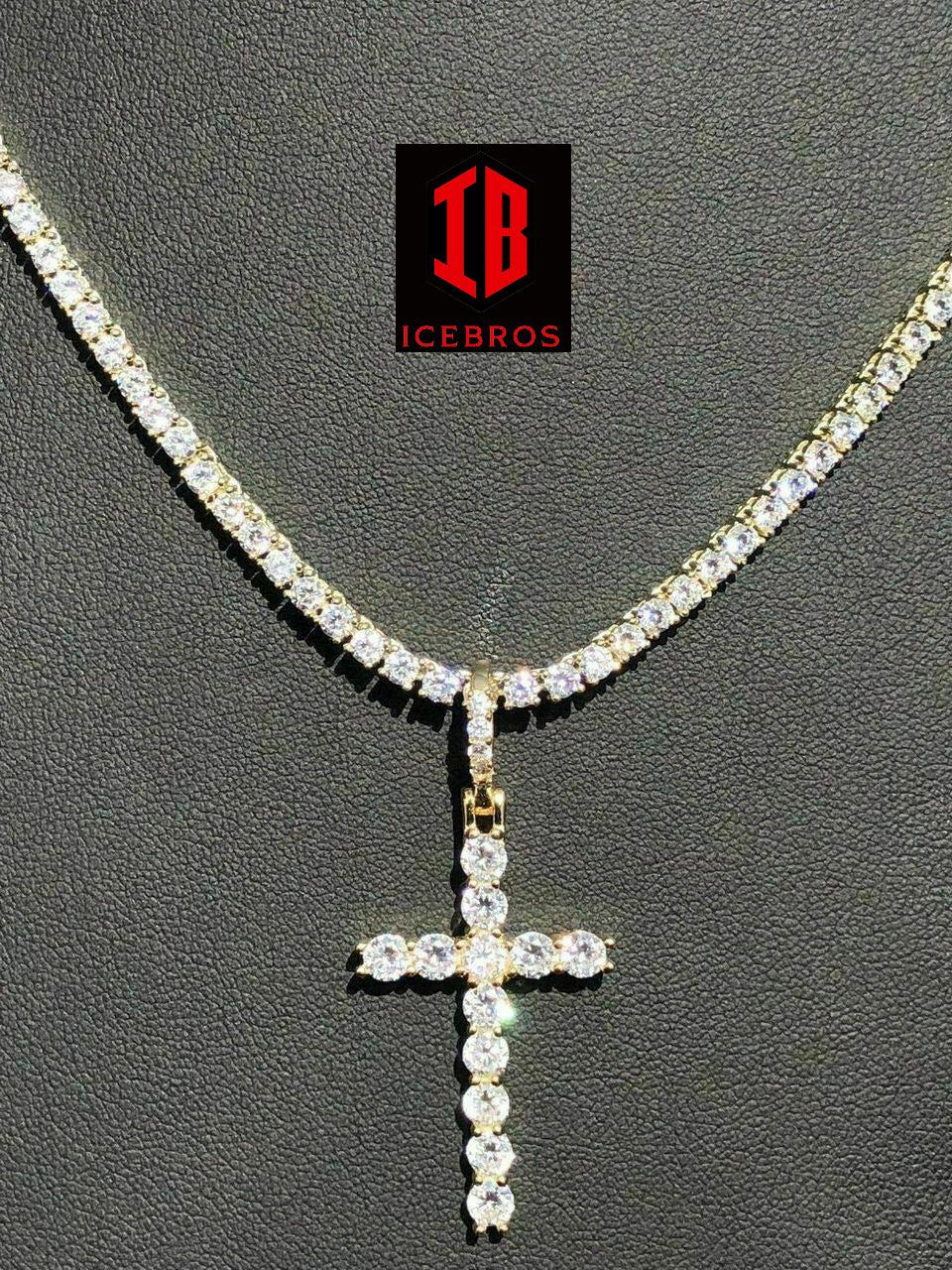 Single Row Tennis Chain W. Cross 14k Gold & 925 Sterling Silver 40ct (CZ)