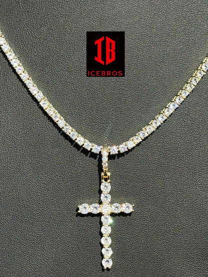 Single Row Tennis Chain W. Cross 14k Gold & 925 Sterling Silver 40ct (CZ)