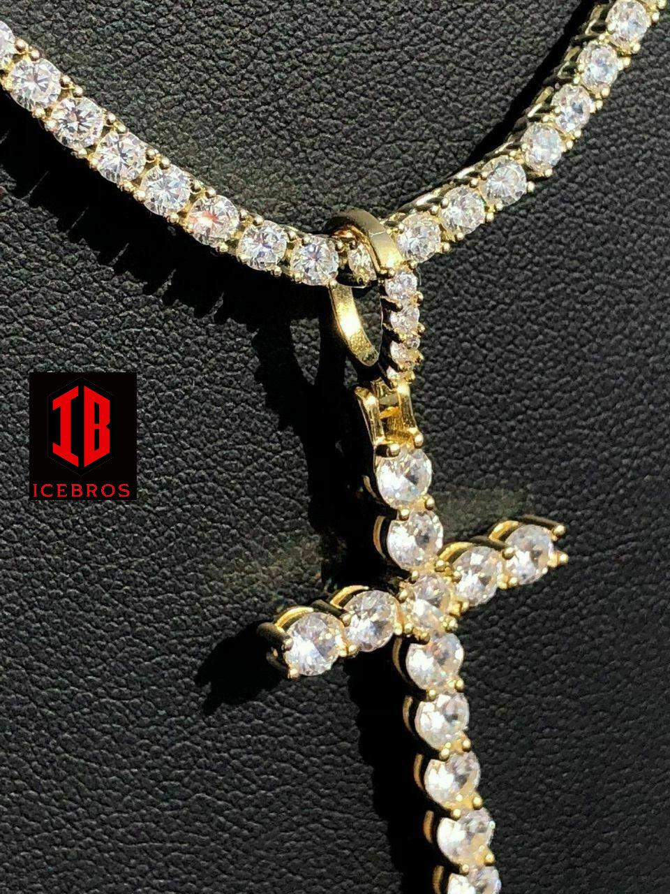 Single Row Tennis Chain W. Cross 14k Gold & 925 Sterling Silver 40ct (CZ)