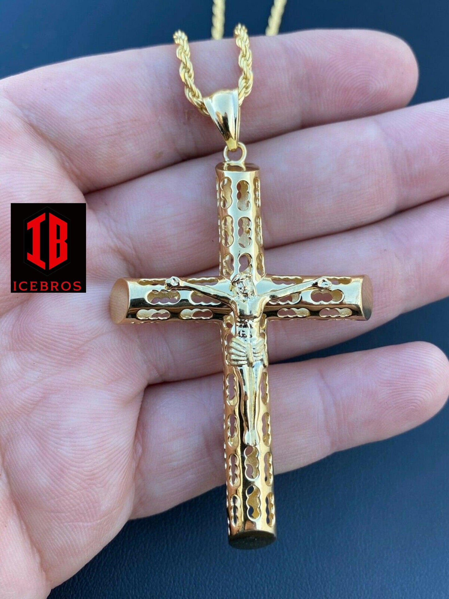 Vermeil 925 Sterling Silver Gold Finish Cross Pendant Necklace X-L 2.5inch Jesus Piece