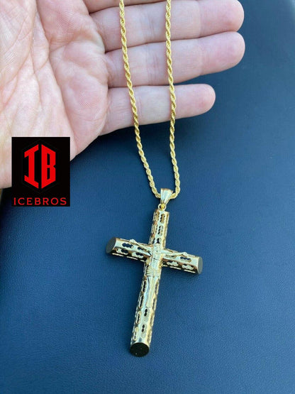 Vermeil 925 Sterling Silver Gold Finish Cross Pendant Necklace X-L 2.5inch Jesus Piece