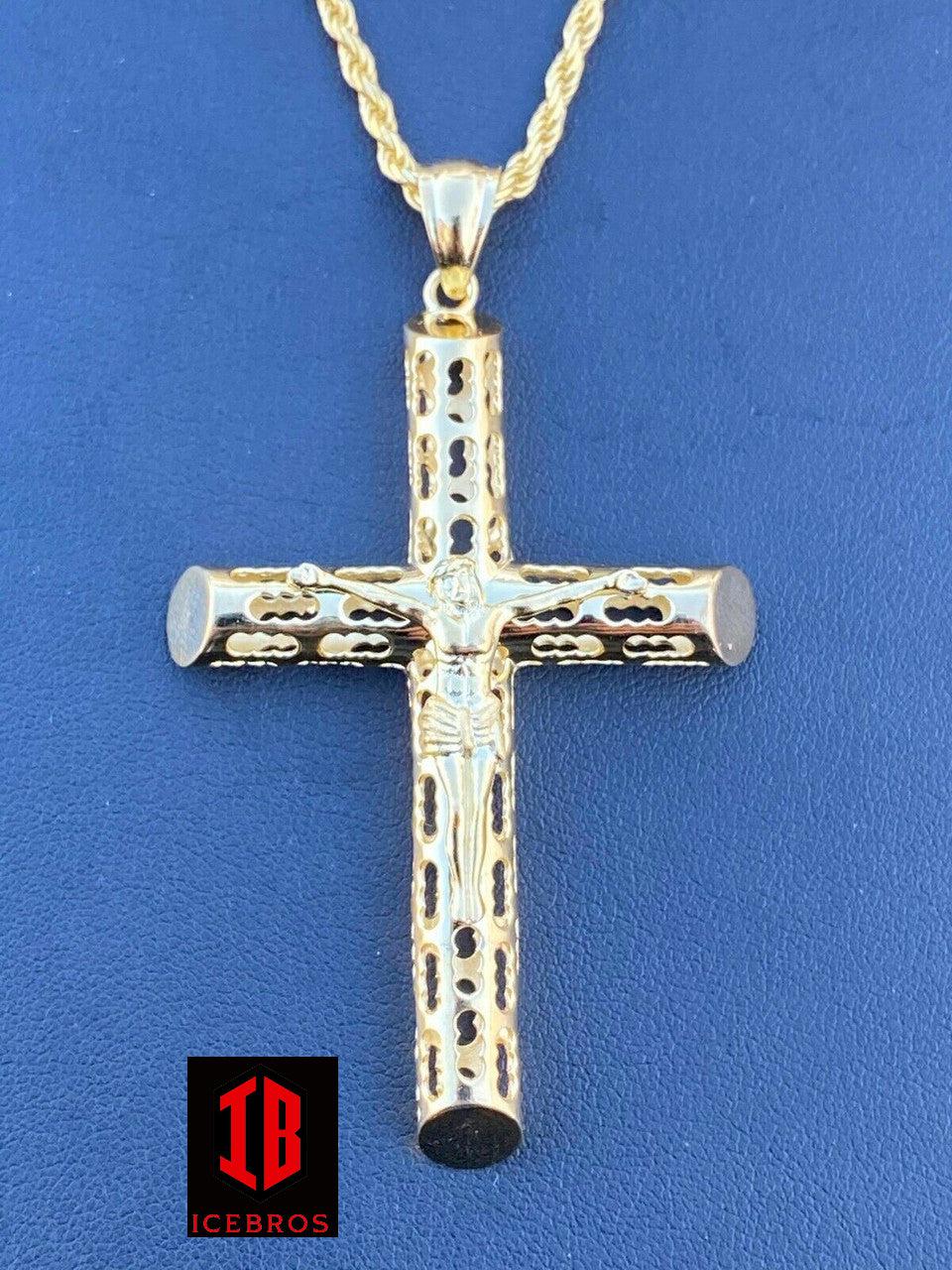 Vermeil 925 Sterling Silver Gold Finish Cross Pendant Necklace X-L 2.5inch Jesus Piece