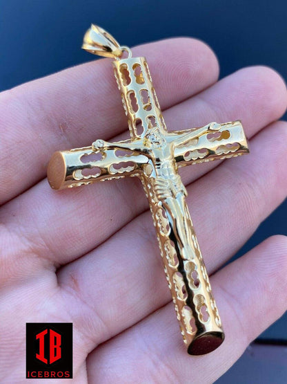 Vermeil 925 Sterling Silver Gold Finish Cross Pendant Necklace X-L 2.5inch Jesus Piece