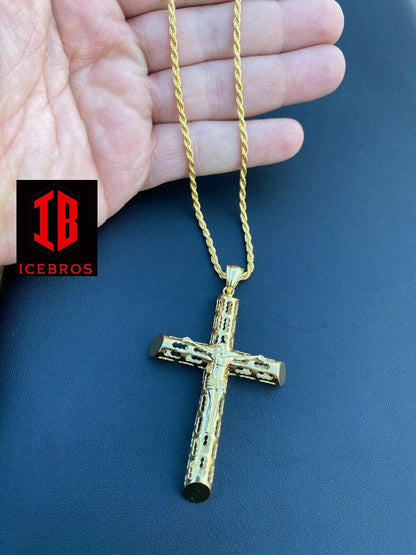 Vermeil 925 Sterling Silver Gold Finish Cross Pendant Necklace X-L 2.5inch Jesus Piece