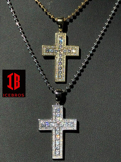 Men's Cross Pendant Sterling Silver 925 Iced Diamond Necklace Medium Size (CZ)