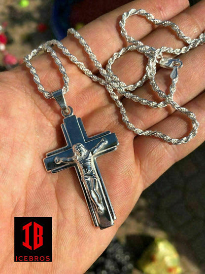 Men's Sterling Silver Jesus Lined 3D Crucifix Cross Pendant 2.25x1.25”