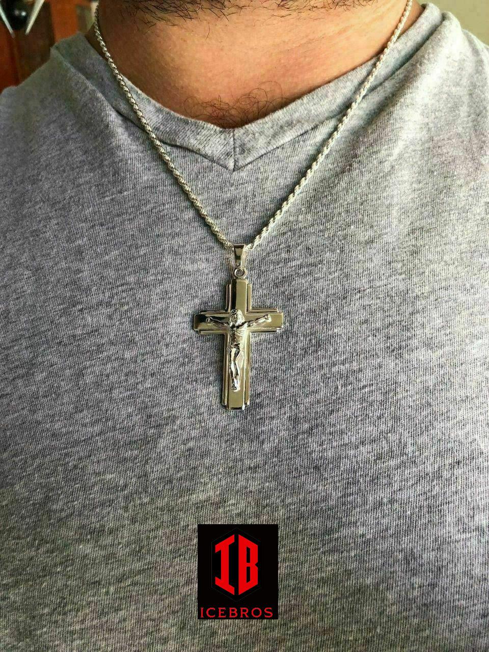 Men's Sterling Silver Jesus Lined 3D Crucifix Cross Pendant 2.25x1.25”