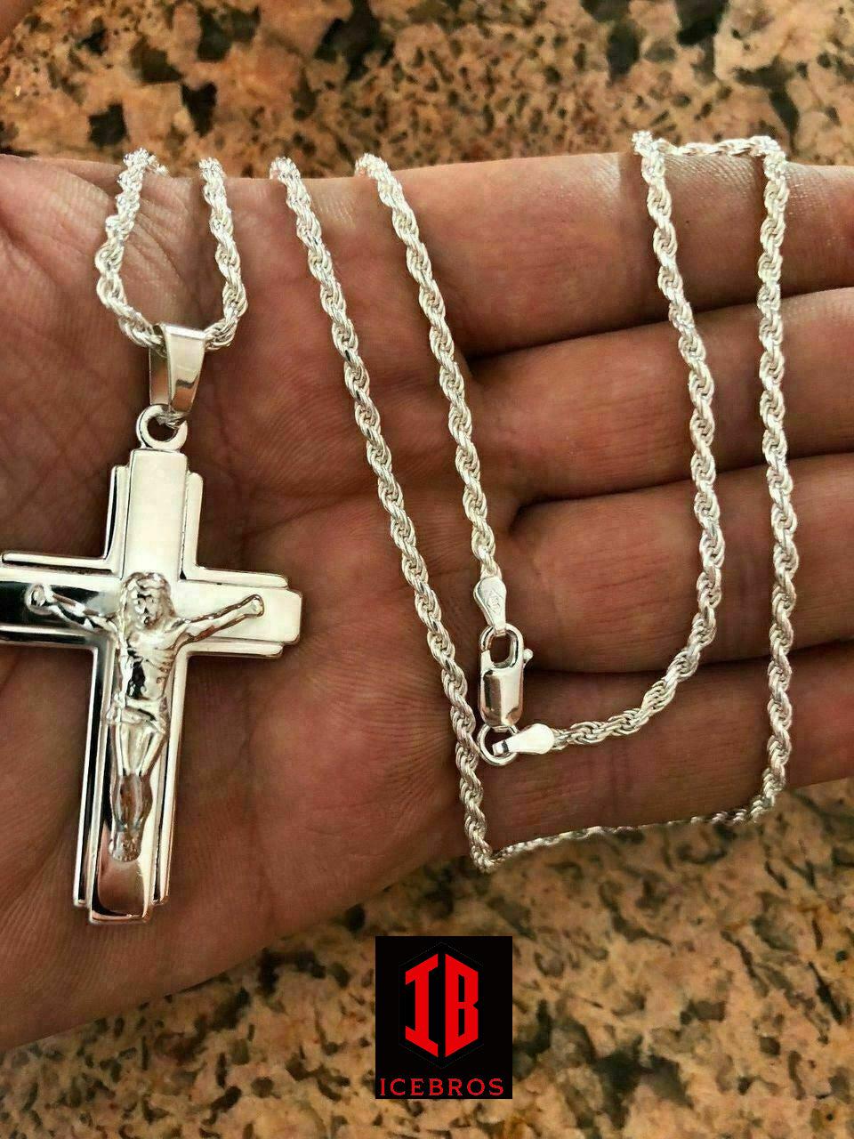 Men's Sterling Silver Jesus Lined 3D Crucifix Cross Pendant 2.25x1.25”