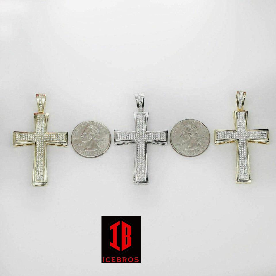 Mens Real Solid 925 Silver Cross W. Tennis Chain Pendant Iced Icy Hip Hop (CZ)