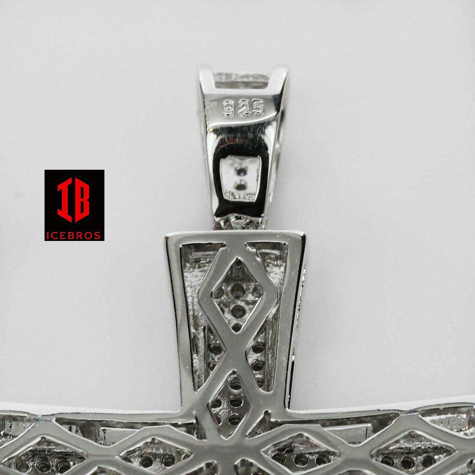 Mens Real Solid 925 Silver Cross W. Tennis Chain Pendant Iced Icy Hip Hop (CZ)