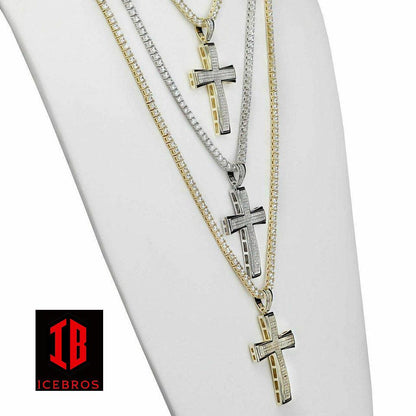 Mens Real Solid 925 Silver Cross W. Tennis Chain Pendant Iced Icy Hip Hop (CZ)