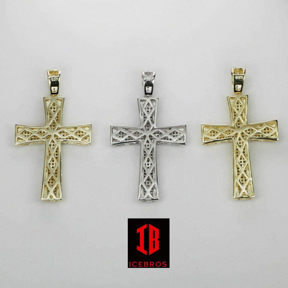 Mens Real Solid 925 Silver Cross W. Tennis Chain Pendant Iced Icy Hip Hop (CZ)