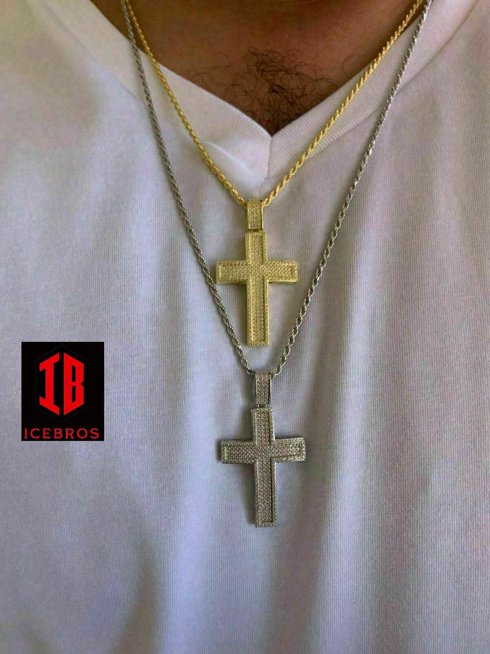 Men's Real Solid 925 Silver Inner 3D Cross Pendant Bust Down Iced (CZ)