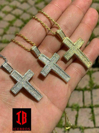 Men's Real Solid 925 Silver Inner 3D Cross Pendant Bust Down Iced (CZ)