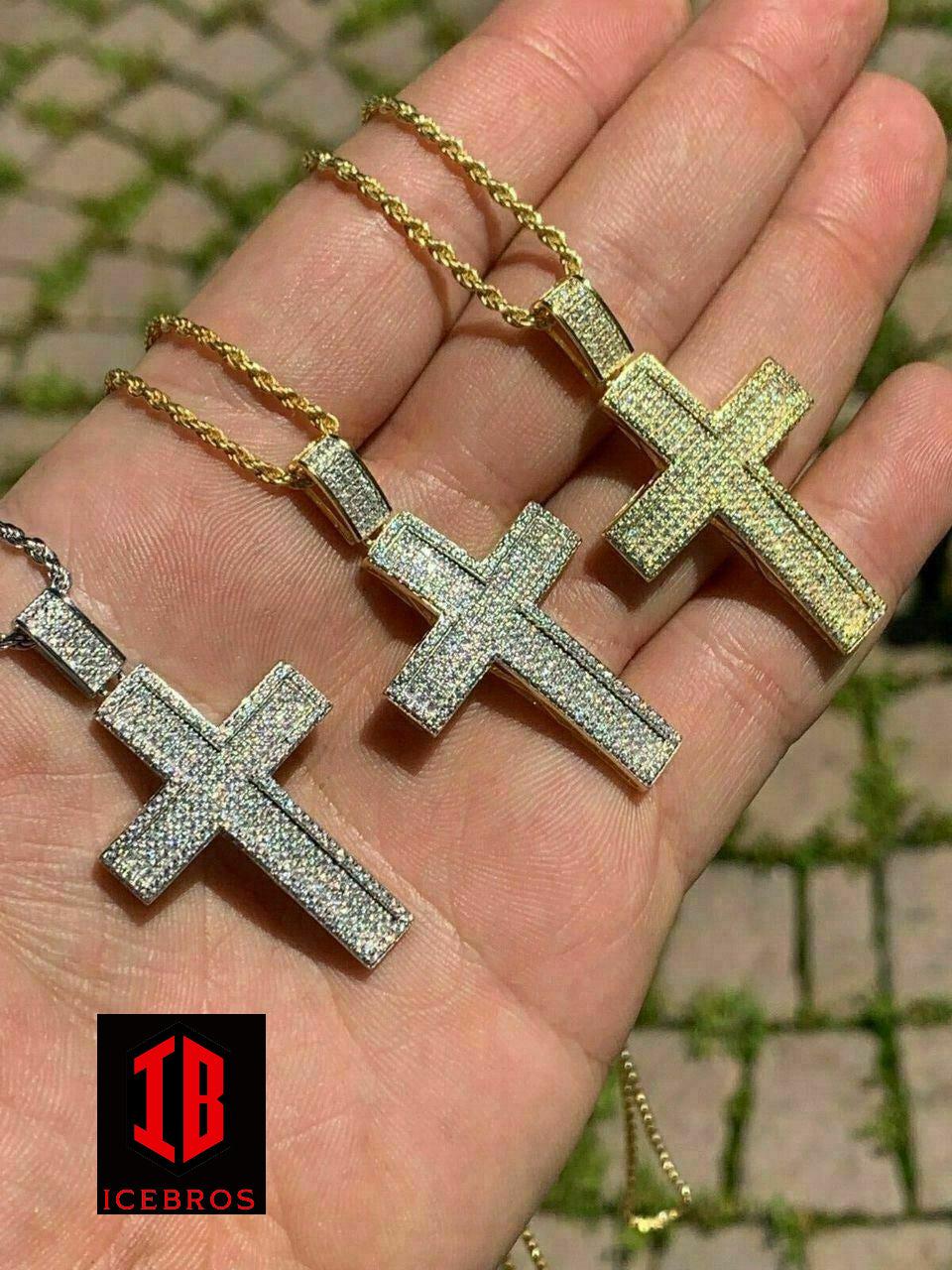 Men's Real Solid 925 Silver Inner 3D Cross Pendant Bust Down Iced (CZ)