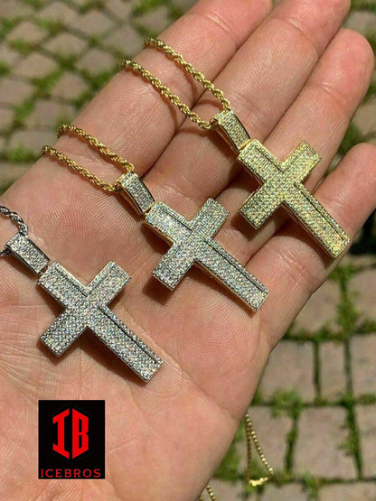 Men's Real Solid 925 Silver Inner 3D Cross Pendant Bust Down Iced (CZ)