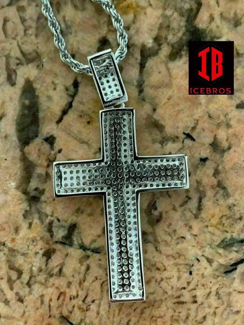 Men's Real Solid 925 Silver Inner 3D Cross Pendant Bust Down Iced (CZ)