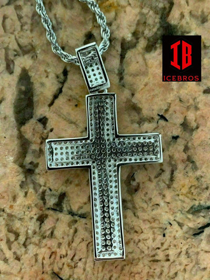 Men's Real Solid 925 Silver Inner 3D Cross Pendant Bust Down Iced (CZ)