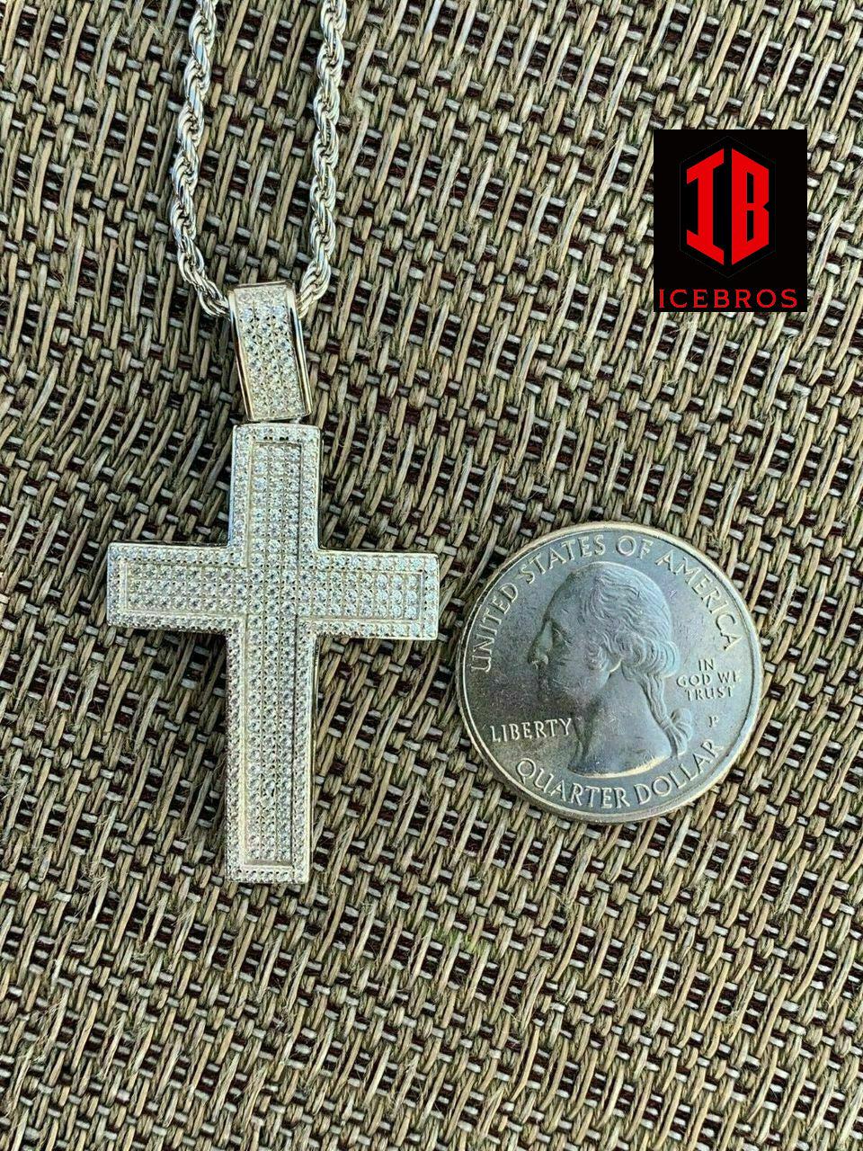 Men's Real Solid 925 Silver Inner 3D Cross Pendant Bust Down Iced (CZ)