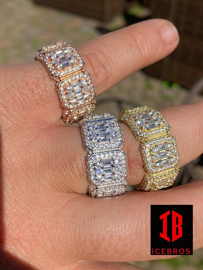 Solid 925 Silver Men's Hip Hop Rapper Baguette Diamond Pinky RING 14k Gold Iced (CZ)