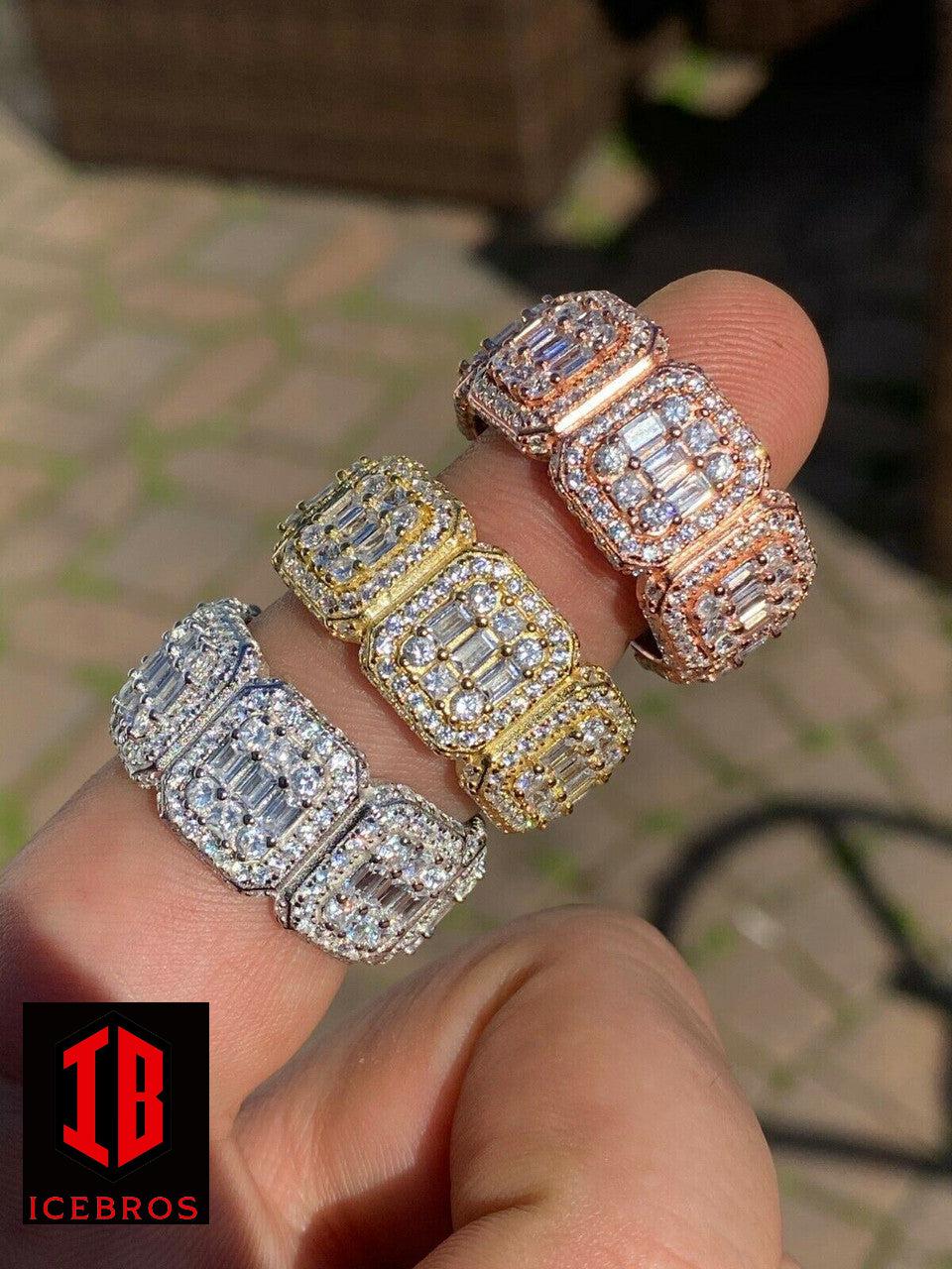 Solid 925 Silver Men's Hip Hop Rapper Baguette Diamond Pinky RING 14k Gold Iced (CZ)