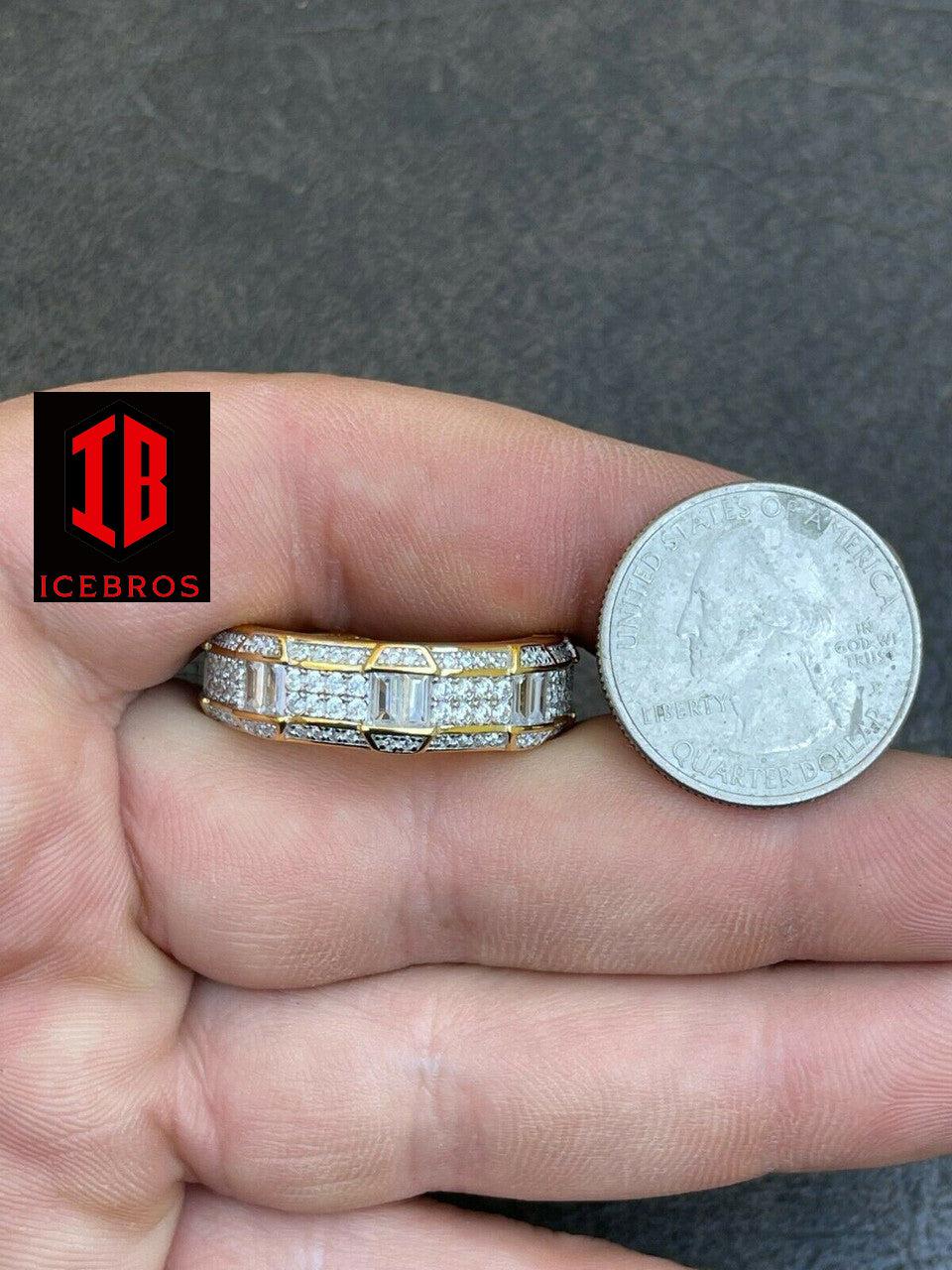 14K Gold Vermeil 925 Silver Real Iced Baguette Diamond Wedding Band Pinky Ring (CZ)