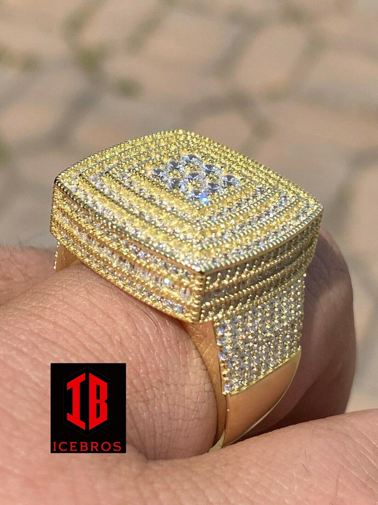 Large Iced 14k Gold Over Real Solid 925 Sterling Silver Men Diamond Ring Hip Hop (CZ)