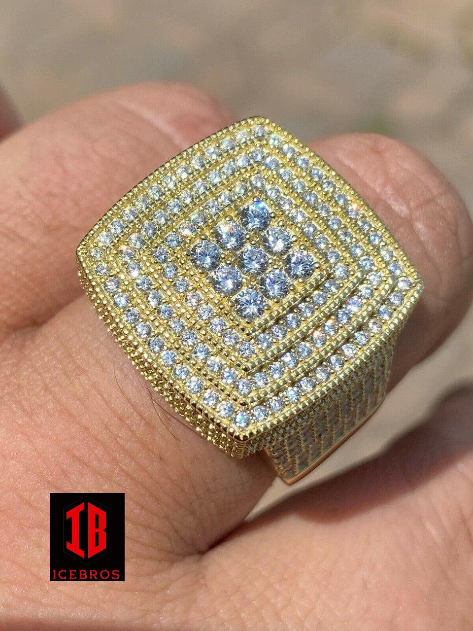 Large Iced 14k Gold Over Real Solid 925 Sterling Silver Men Diamond Ring Hip Hop (CZ)