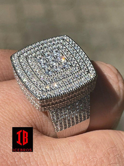 Large Iced 14k Gold Over Real Solid 925 Sterling Silver Men Diamond Ring Hip Hop (CZ)