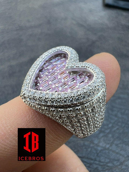 Vermeil 925 Silver Men's Ladies Pink Baguette Diamond Heart Iced Ring Sz 5-13 (CZ)