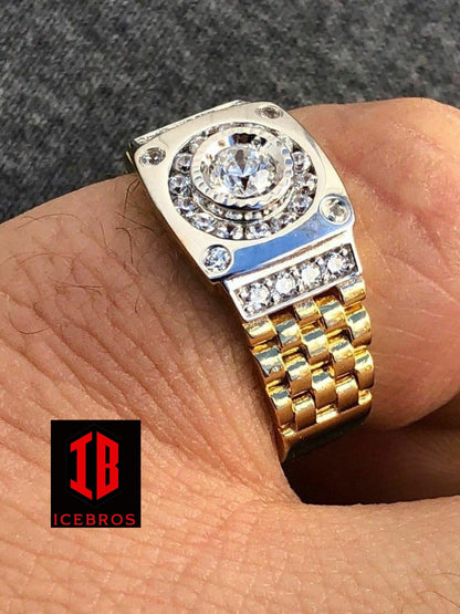 Men 10k Gold Over Solid 925 Sterling Silver Presidential Watch Band Ring Pinky (CZ)