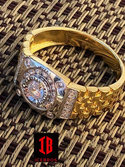 Men 10k Gold Over Solid 925 Sterling Silver Presidential Watch Band Ring Pinky (CZ)