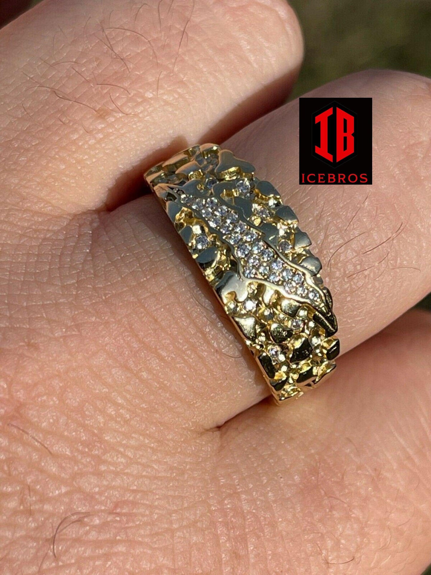 Men REAL Solid 925 Sterling Silver & 14k Gold Nugget Band Ring W. Iced Claw Mark (CZ)